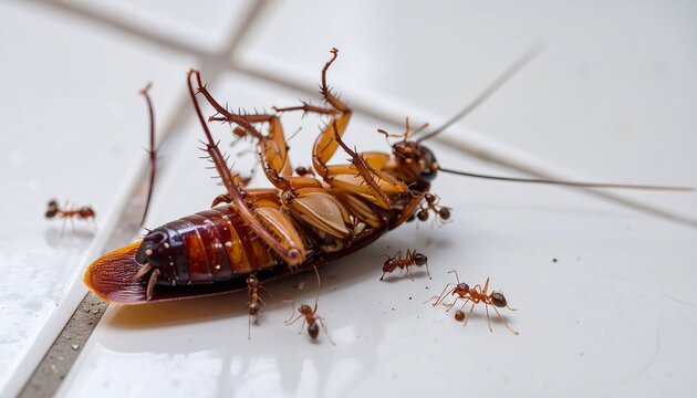 Dead cockroach surrounded by ants on a white surface