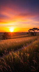 Golden sunset illuminates rolling fields with scattered trees and wild flowers casting long shadows