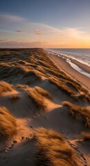 Golden hour sunset illuminates sand dunes with tall grasses and ocean shoreline