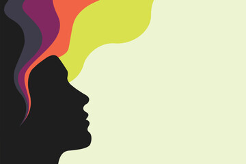 Abstract human head silhouette with colorful flowing thoughts – creativity and imagination concept