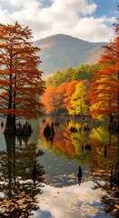 Vibrant autumn trees reflected in calm water with cypress knees and distant misty mountains