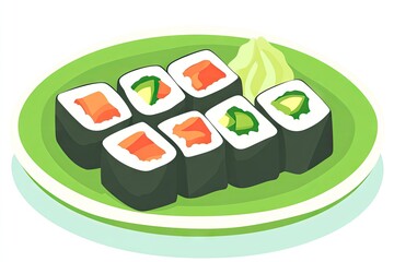 A vibrant display of colorful sushi rolls arranged artfully on a bright green plate.