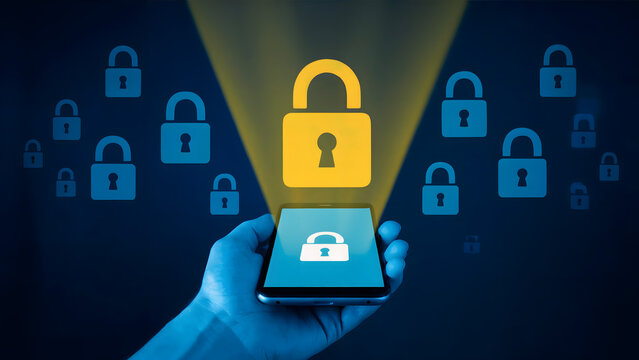 Hand holding smartphone with lock icon and yellow padlock with blue padlock background design