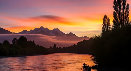 Serene mountain range at sunset with a calm river and rowboat in silhouette