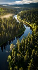 Winding river flowing through dense coniferous forest with morning mist