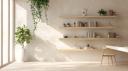 Bright and airy home office interior with green plant, wooden shelves, books, and a chair in a minimalist design with sunlight