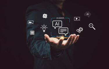 Businessman interacting with AI agents interface, illustrating artificial intelligence innovation, automation, data processing, and digital transformation technologies.