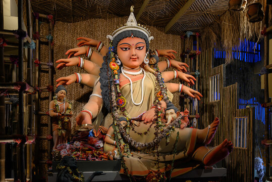 Goddess Durga idol in a decorated pandal during Durga Puja in Kolkata, West Bengal, India, on Oct 13, 2024