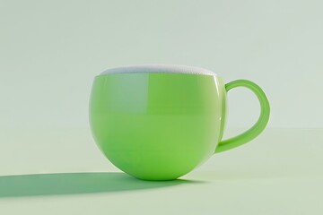 A glossy, vibrant lime green mug, full of frothy white liquid, sits on a light mint green background, showcasing smooth curves and gentle shadows.