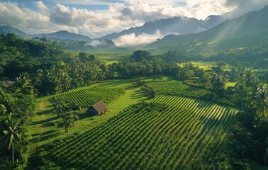 Fototapeta premium Lush Green Landscape With Rice Paddies Under a Bright Sky in the Morning Light