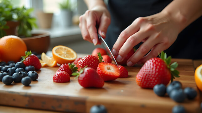 Hands slicing fresh strawberries on a cutting board surrounded by blueberries and oranges.