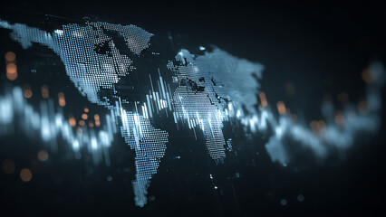 Digital world map with glowing data charts, representing global business and technology.
