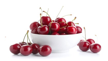Fresh Red Cherries in White Bowl, Close-up Studio Shot
