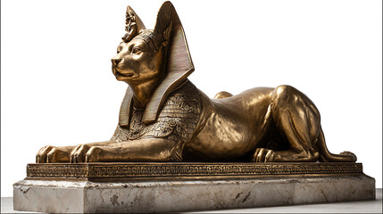 A golden statue of an egyptian sphinx, a mythical creature with the body of a lion and the head of a human, isolated on white background
