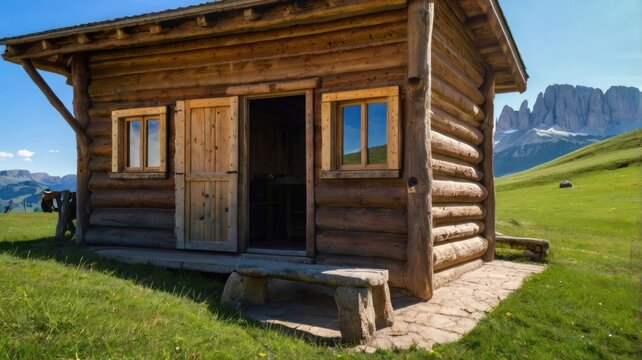 A charming wooden cabin sits nestled amidst a vibrant green meadow, overlooking a majestic mountain range under a clear blue sky. - Powered by Adobe