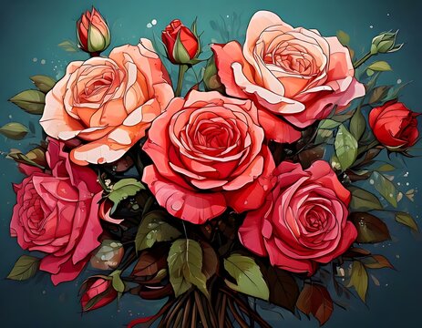Vibrant bouquet of roses in peach and crimson tones - Powered by Adobe