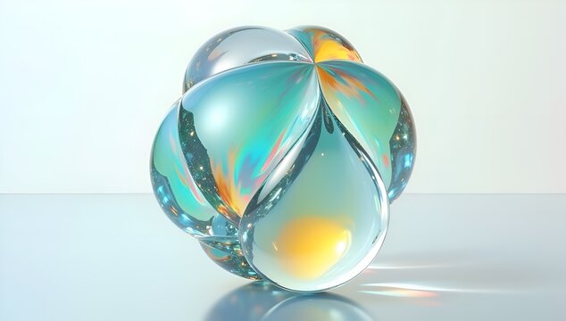 Clustered geometric 3D form made of clear glass-like layers. Transparent surfaces create a prismatic rainbow effect as light refracts through the object - Powered by Adobe