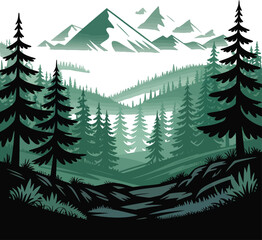 Fototapeta premium Green Mountain Valley Illustration with Pine Trees Isolated Vector Art Landscape