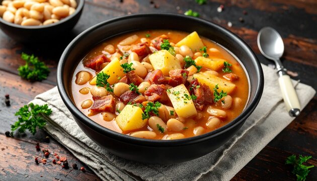 Deftiger Bohneneintopf mit wei&szlig;en Bohnen, Speckw&uuml;rfeln, Zwiebeln und Kartoffelst&uuml;ckchen, serviert in einem rustikalen Topf.
