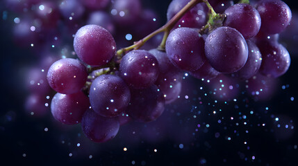 Jewel-toned Grapes with Sparkling Touch: A close-up shot showcasing luscious, jewel-toned grapes on the vine, accentuated by delicate sparkles for a touch of magic.