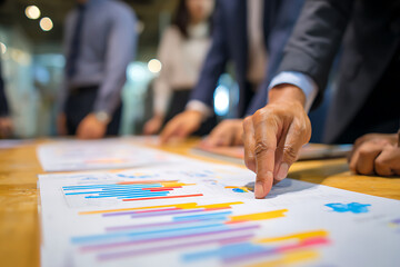 Focused Executive Hand Pinpointing Key Data on a Colorful Business Report