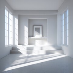 A bright, minimalist interior scene showcases a modern, empty room with steps and a white picture frame, bathed in natural light.