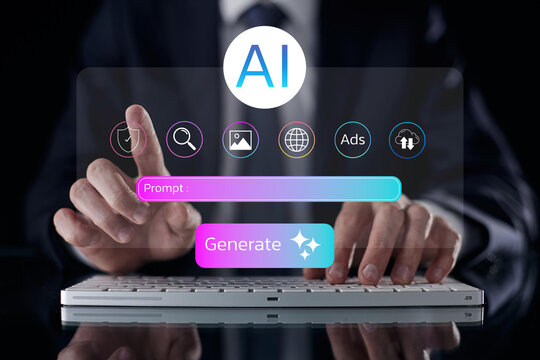 Businessman interacts with generative AI interface using prompt input to create content,Visuals, innovative ideas. Advanced technology, artificial intelligence,Creativity tools in digital work