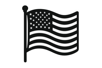 American flag silhouette icon. Waving USA national banner symbol. Patriotic United States emblem concept illustration. Simple black and white vector graphic on a pole.
