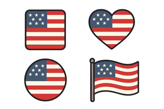 Set of American flag icons. USA national symbol collection. Vector illustration of vintage US flags in heart, circle, and square shapes for 4th of July & patriotic design.