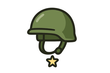 Military helmet icon with star. Soldier headwear symbol for veteran's day or memorial day. Army combat gear. Flat cartoon vector illustration. Armed forces service & honor.