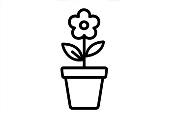 Flower in pot icon. Simple line art drawing of a blooming plant. Vector illustration for nature, gardening, and growth concepts. Minimalist black and white floral symbol.