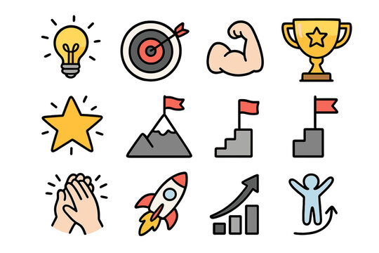 Motivation and success icon set for business goals and achievement. Metaphor for startup growth, career progress, and victory. Includes trophy, target, rocket, and idea icons.
