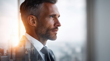 Double exposure businessman with city skyline at sunrise – leadership, vision and success in business