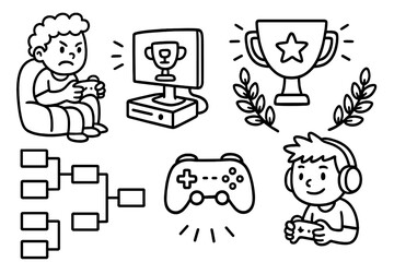 Gaming and e-sports doodle icon set. Gamer competition, win and lose concept. Vector line art with player, controller, trophy, tournament bracket, computer, and emotion.