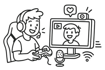Game streaming doodle. Vector illustration of a gamer broadcasting live. E-sports player at computer with microphone. Online influencer and content creator playing video games.