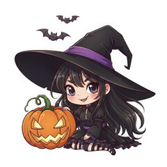 Cute witch with pumpkin isolated on transparent background isolated on transparent background