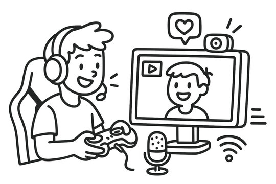 Game streaming doodle. Vector illustration of a gamer broadcasting live. E-sports player at computer with microphone. Online influencer and content creator playing video games. - Powered by Adobe