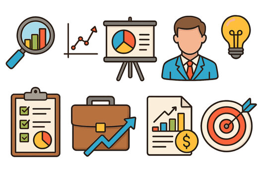 Business success icon set. Financial growth, data analysis, marketing strategy. Investment report, career goal, presentation chart. Corporate development vector concept.