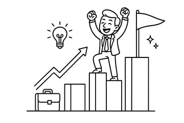 Obraz premium Businessman celebrating success on a growth chart. Vector line art concept of career development, achievement, and reaching goals. Man climbing financial progress bar graph.