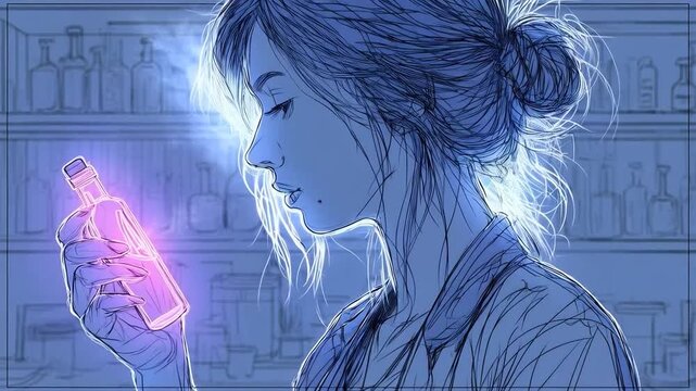 Enigmatic woman gazing at glowing potion bottle in a mystical laboratory setting design