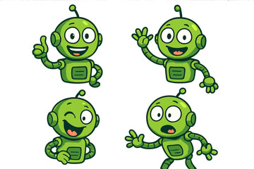 Cute green robot character mascot set with various emotions and poses. Cartoon android bot waving, giving thumbs up, winking, and surprised. Vector illustration pack.