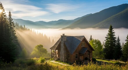 Cozy Cabin Retreat in Foggy Mountain Landscape: Serene Nature Scene with Warm Sunlight and Lush Greenery Environment.