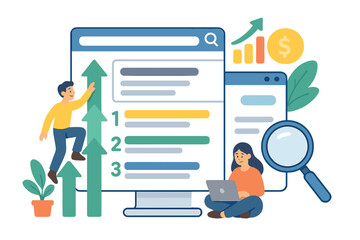 SEO optimization and digital marketing concept. Man climbing search engine ranking arrows. Woman with laptop doing keyword research. Business growth and success analytics.