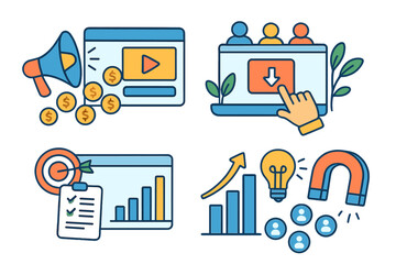 Digital marketing strategy vector icon set. Business growth, lead generation, customer attraction with magnet. Video monetization, goal setting, data analysis concept illustration.