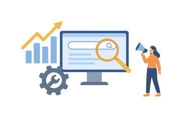 SEO optimization and digital marketing concept. Website traffic growth and data analysis. Search engine ranking and business promotion strategy. Vector illustration with icons.