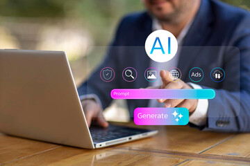 Businessman interacts with generative AI interface using prompt input to create content,Visuals,...