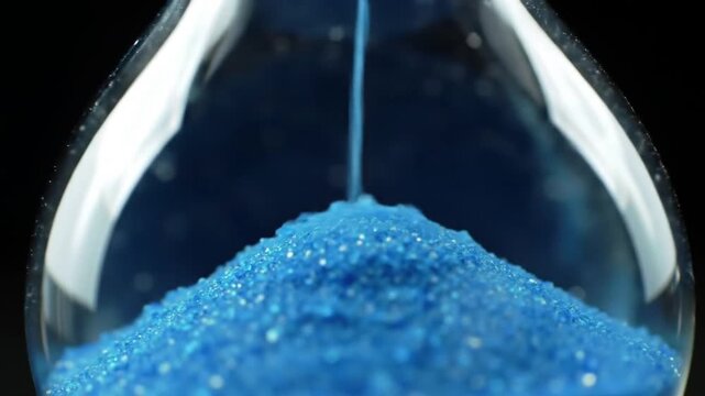 Hourglass closeup with flowing blue sand on black