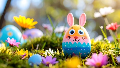 Easter egg bunny in a flower garden