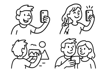 Collection of people taking photos with a phone. Man, woman, and couple taking selfies. Character photographing a landscape. Cartoon doodle line art vector icon set for lifestyle.
