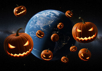 Halloween Pumpkins in Space: A surreal, festive image of glowing Jack-o'-lanterns of various sizes floating around Earth in a dark, starry night sky